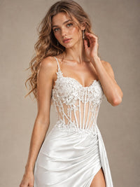 Mermaid Satin Prom Dress with Floral Appliqué Corset and High Slit