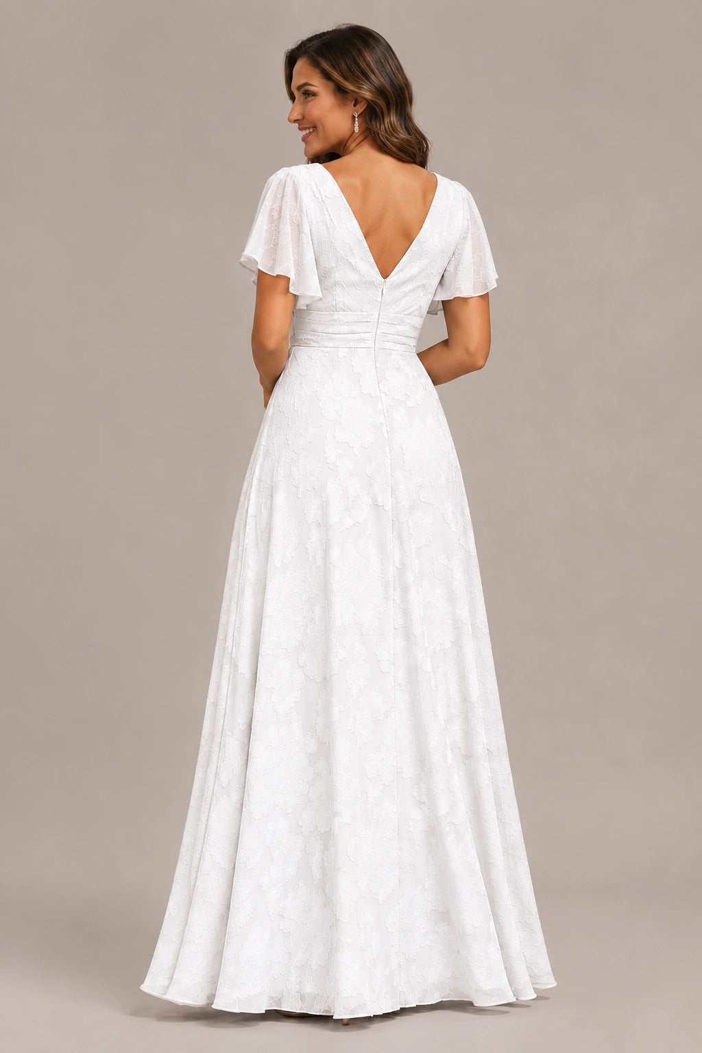 Jovellee Floral Chiffon A-Line Mother of the Bride Dress with Flutter Sleeves