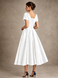 V-Neck Tea-Length Satin Mother of the Bride Dress with Bow