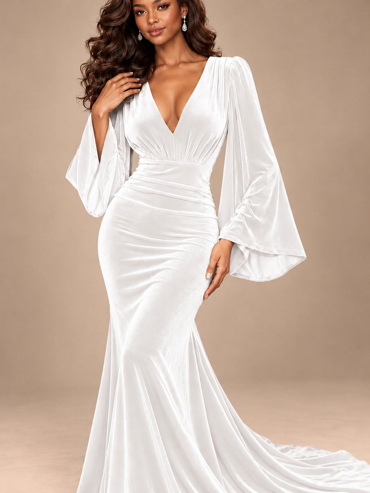 Burgundy Velvet Deep V-Neck Ruched Long Sleeve Maxi Dress
