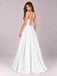 Lace Applique Satin A-Line Prom Dress with Sheer Bodice