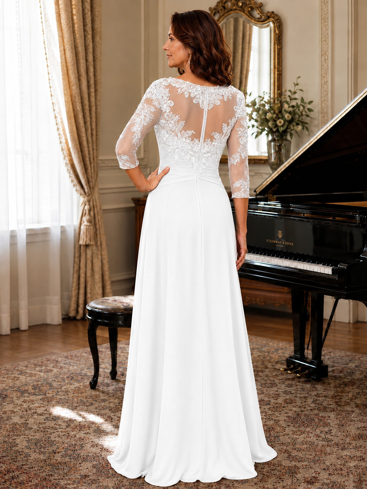 A-Line Chiffon Mother of the Bride Dress with Floral Applique 3/4 Sleeves