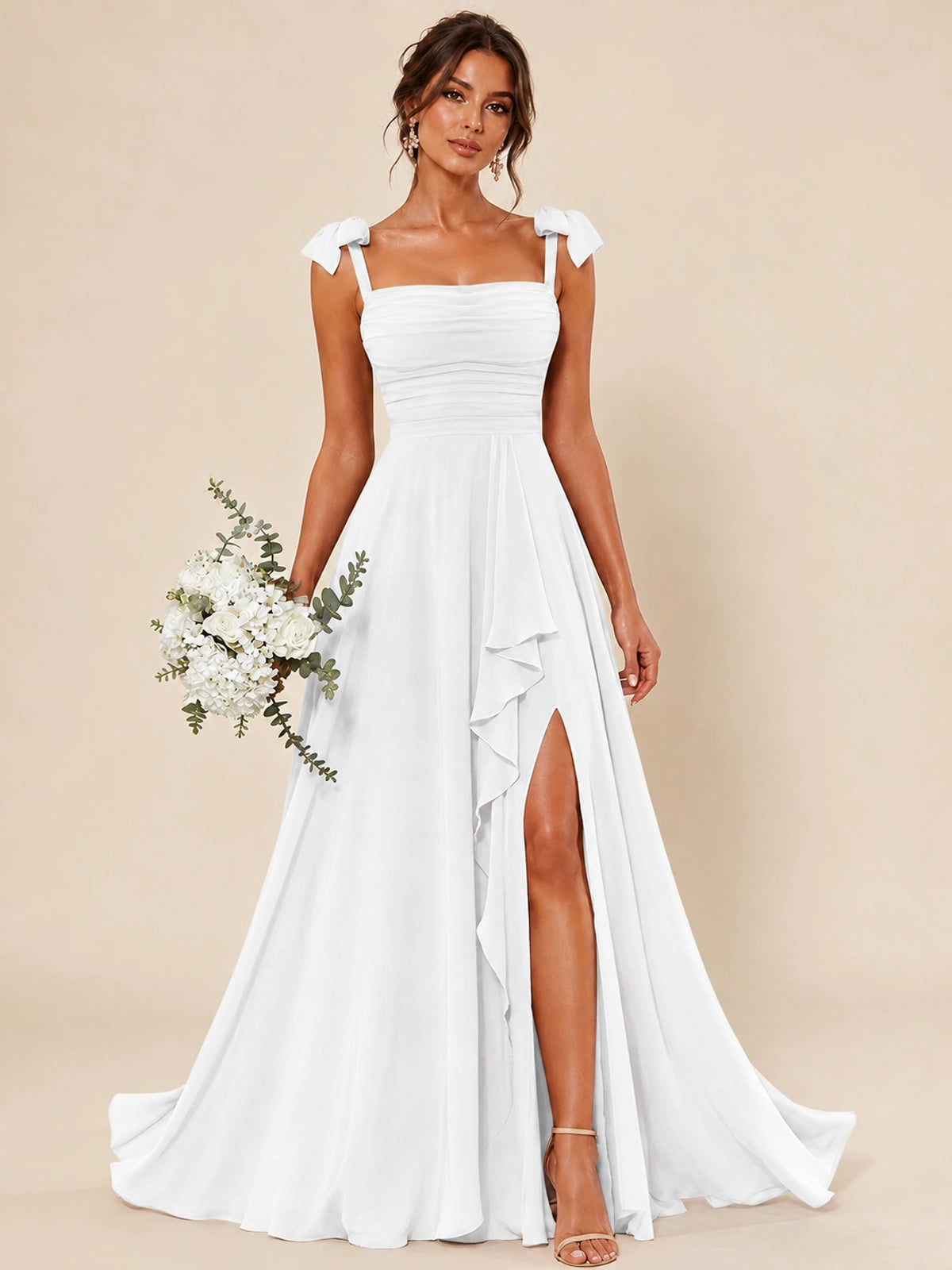 Ruffle Slit Chiffon A Line Scoop Neck Bridesmaid Dresses with Pockets