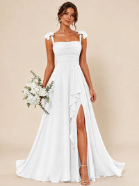 Ruffle Slit Chiffon A Line Scoop Neck Bridesmaid Dresses with Pockets