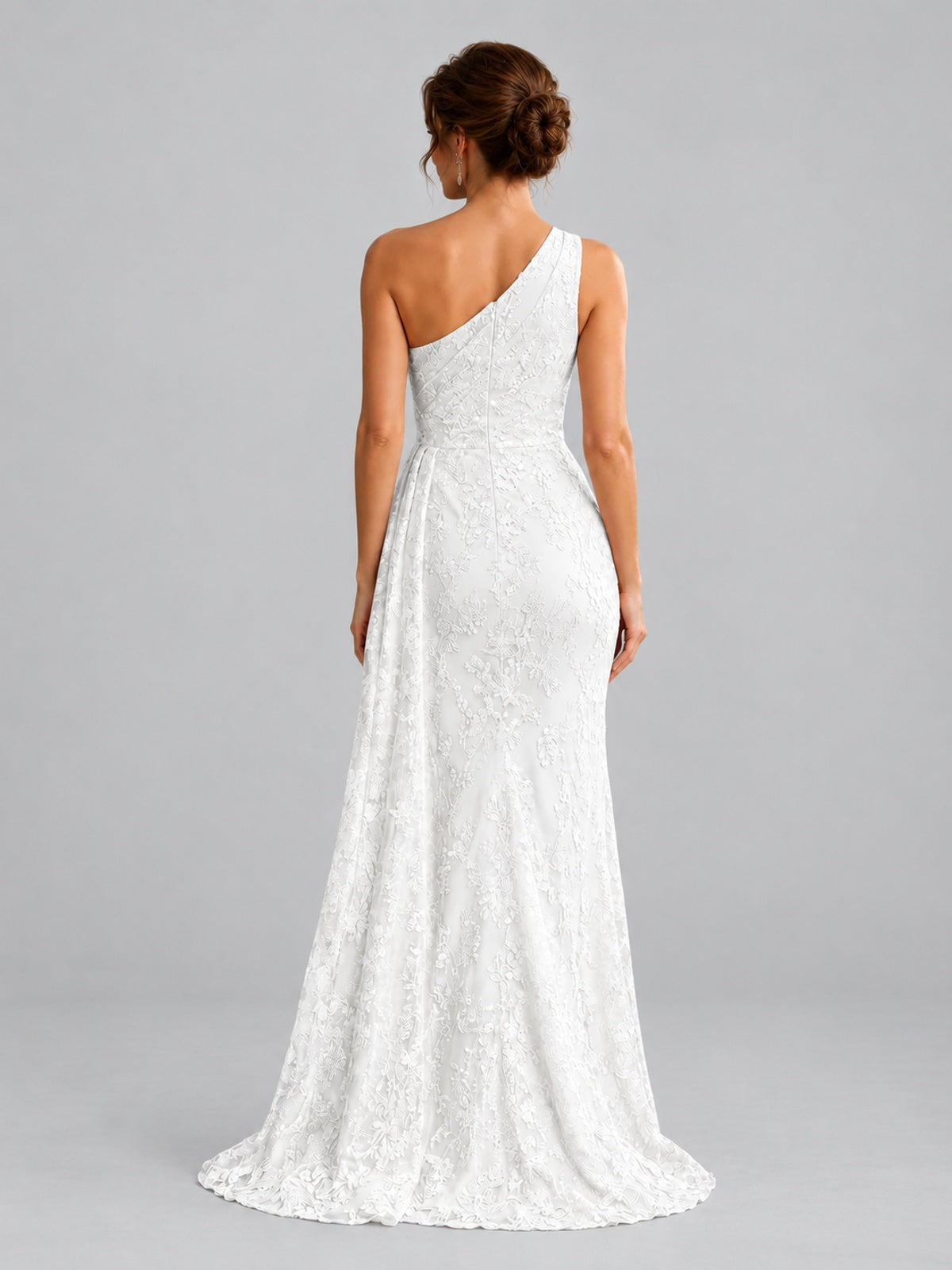 One-Shoulder Ruched Floral Lace Floor-Length Prom Dress