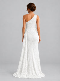 One-Shoulder Ruched Floral Lace Floor-Length Prom Dress