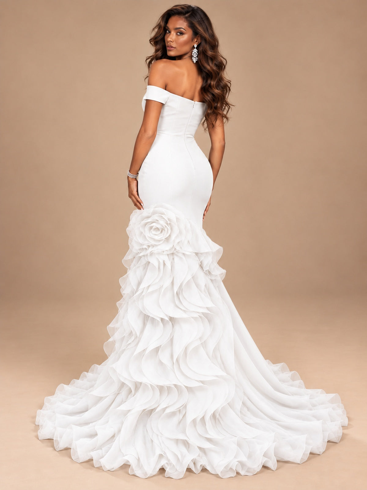 Dusty Blue Off-the-Shoulder Mermaid Prom Dress with 3D Rose & Ruffles