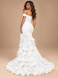 Dusty Blue Off-the-Shoulder Mermaid Prom Dress with 3D Rose & Ruffles