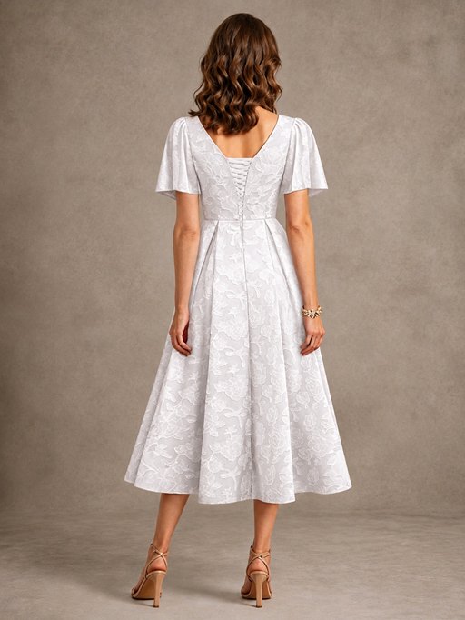 V-Neck Floral Jacquard Tea-Length Mother of the Bride Dress