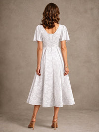 V-Neck Floral Jacquard Tea-Length Mother of the Bride Dress
