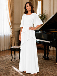 Asymmetric Draped Chiffon Mother of the Bride Dress with Flutter Sleeves