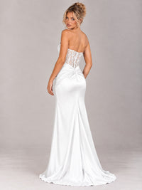 Strapless Satin Prom Dress with Sheer Lace Corset & High Slit