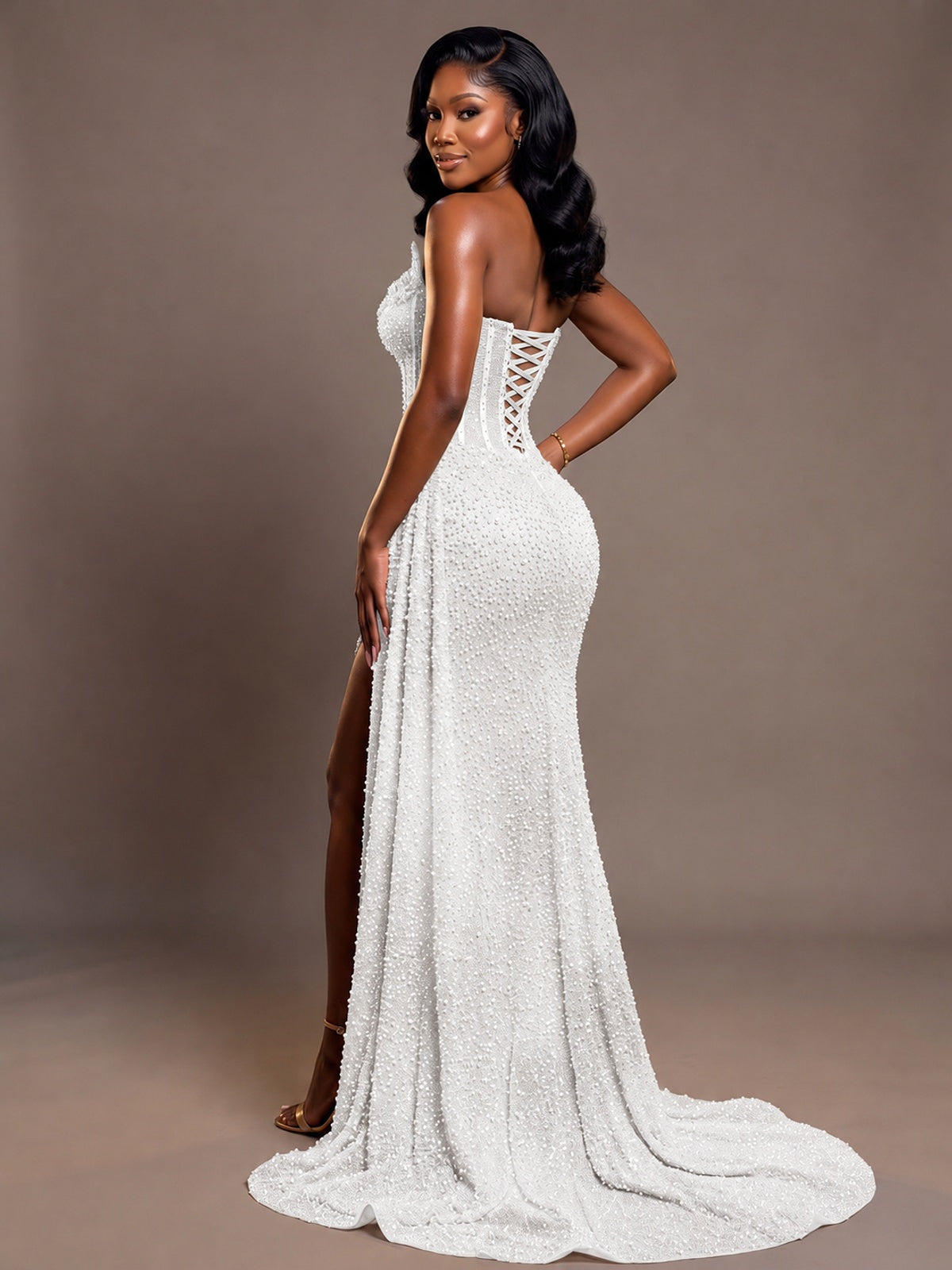 Luxury Strapless Sequin Corset Mermaid Prom Dress with High Slit & Train