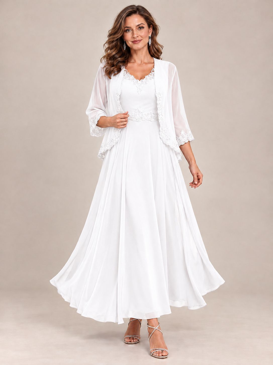 Dusty Blue Floral Lace Chiffon Mother of the Bride Dress with Jacket