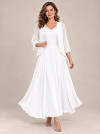 Dusty Blue Floral Lace Chiffon Mother of the Bride Dress with Jacket
