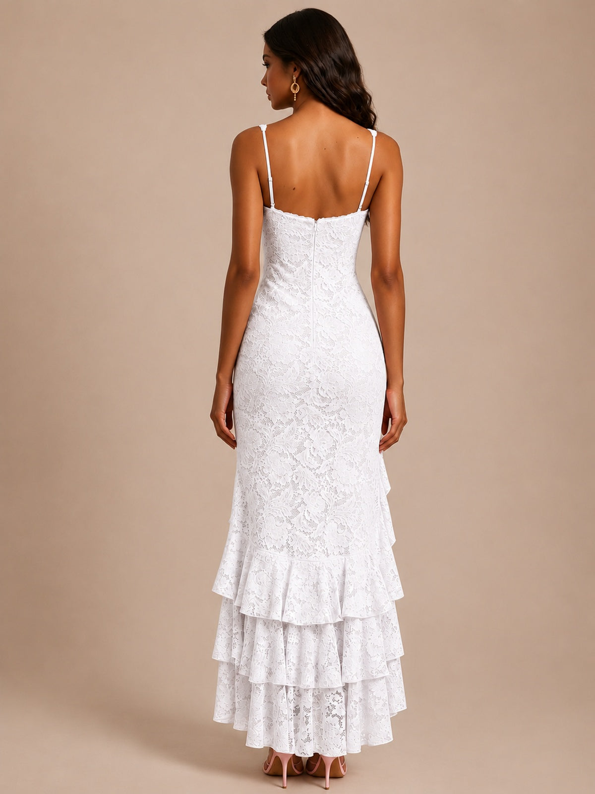 Square-Neck Lace Ruffle High-Low Maxi Dress