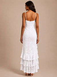 Square-Neck Lace Ruffle High-Low Maxi Dress
