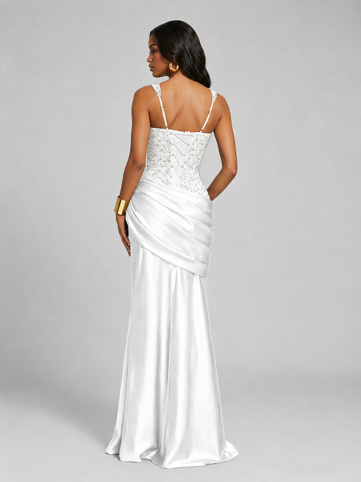 Scoop Neck Sequin Prom Dress with High Slit Satin Formal Gowns