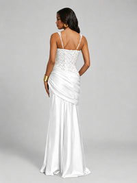 Scoop Neck Sequin Prom Dress with High Slit Satin Formal Gowns