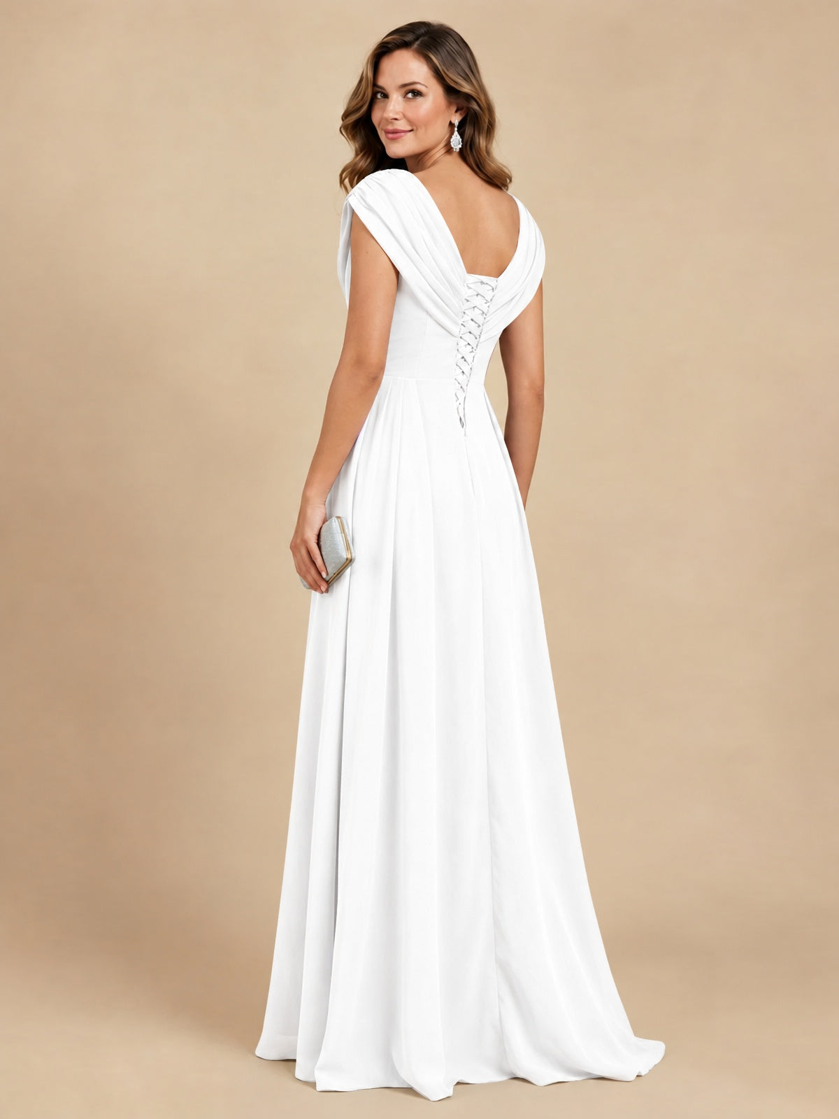 V Neck Pleated Mother of The Bride Dresses with Beading Cap Sleeves