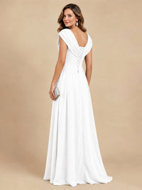 V Neck Pleated Mother of The Bride Dresses with Beading Cap Sleeves