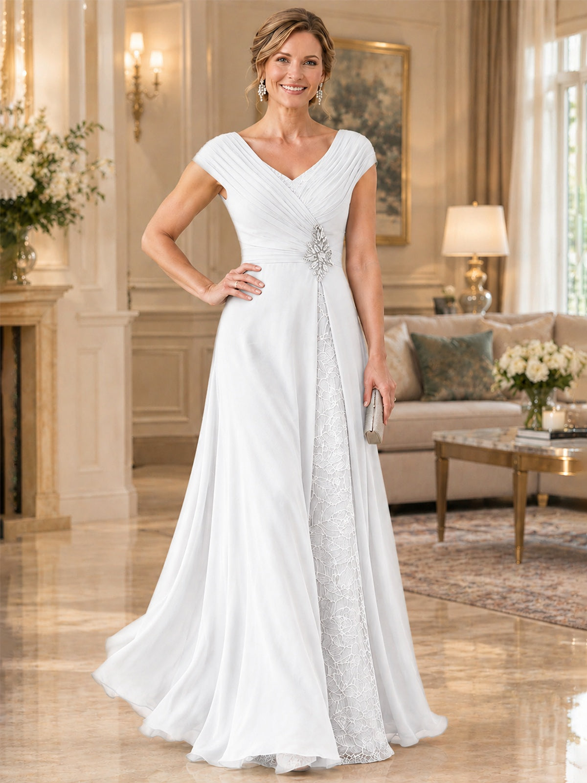 Pleated Chiffon Lace Mother of The Bride Dresses with Beading Cap Sleeves
