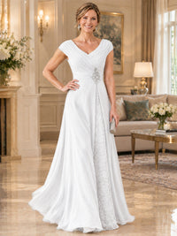 Pleated Chiffon Lace Mother of The Bride Dresses with Beading Cap Sleeves
