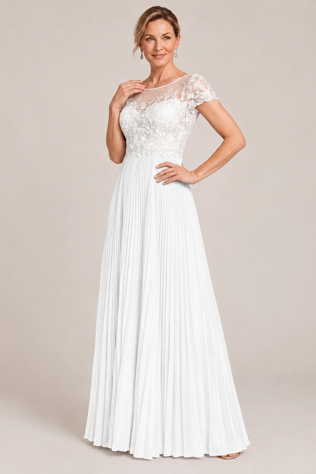 Embroidered Lace Pleated Mother of the Bride Dress