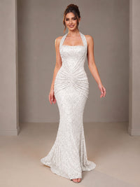 Gold Halter Sequin Mermaid Ruched Prom Dress Long Ruched Evening Gown