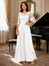 Lace Applique Wide-Leg Chiffon Mother of the Bride Jumpsuit