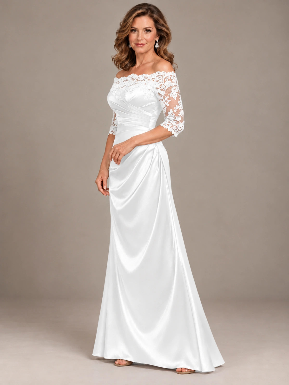 Satin Mother of the Bride Dress with Lace Sleeves Off Shoulder Formal Gown