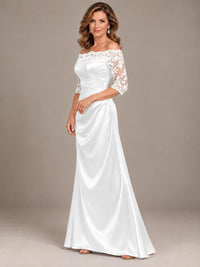 Satin Mother of the Bride Dress with Lace Sleeves Off Shoulder Formal Gown
