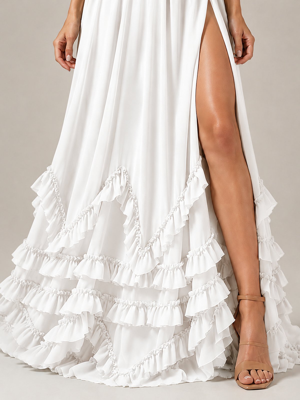 Halter V Neck Chiffon Formal Dress with Lace-Up Back and Ruffle Hem