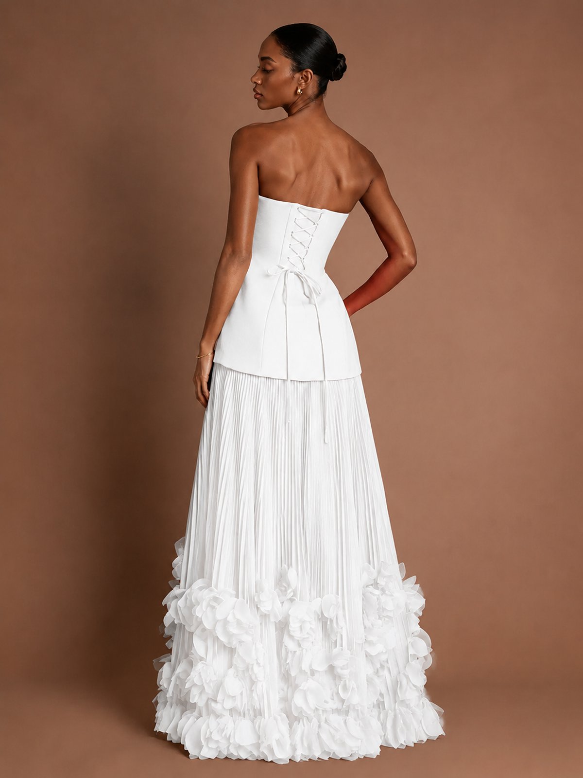 Strapless Pleated Floral Satin Formal Dress with Side Slit