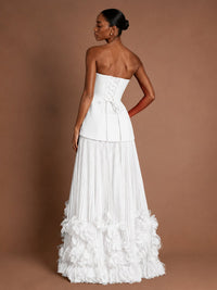 Strapless Pleated Floral Satin Formal Dress with Side Slit