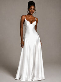 Lavender V Neck Satin Prom Dress with Spaghetti Straps