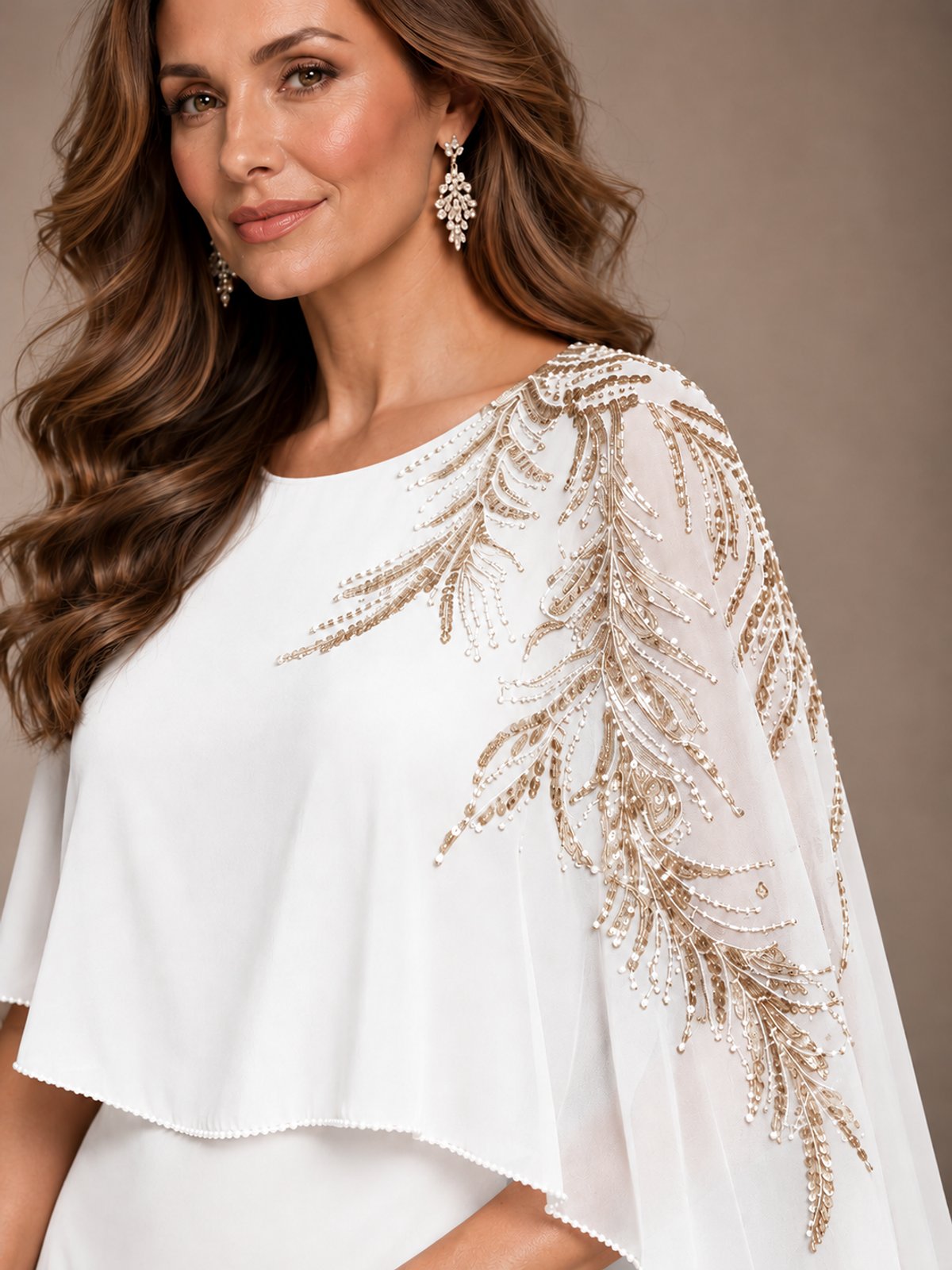 Elegant Chiffon Cape Sleeve Beaded Mother of the Bride Dress