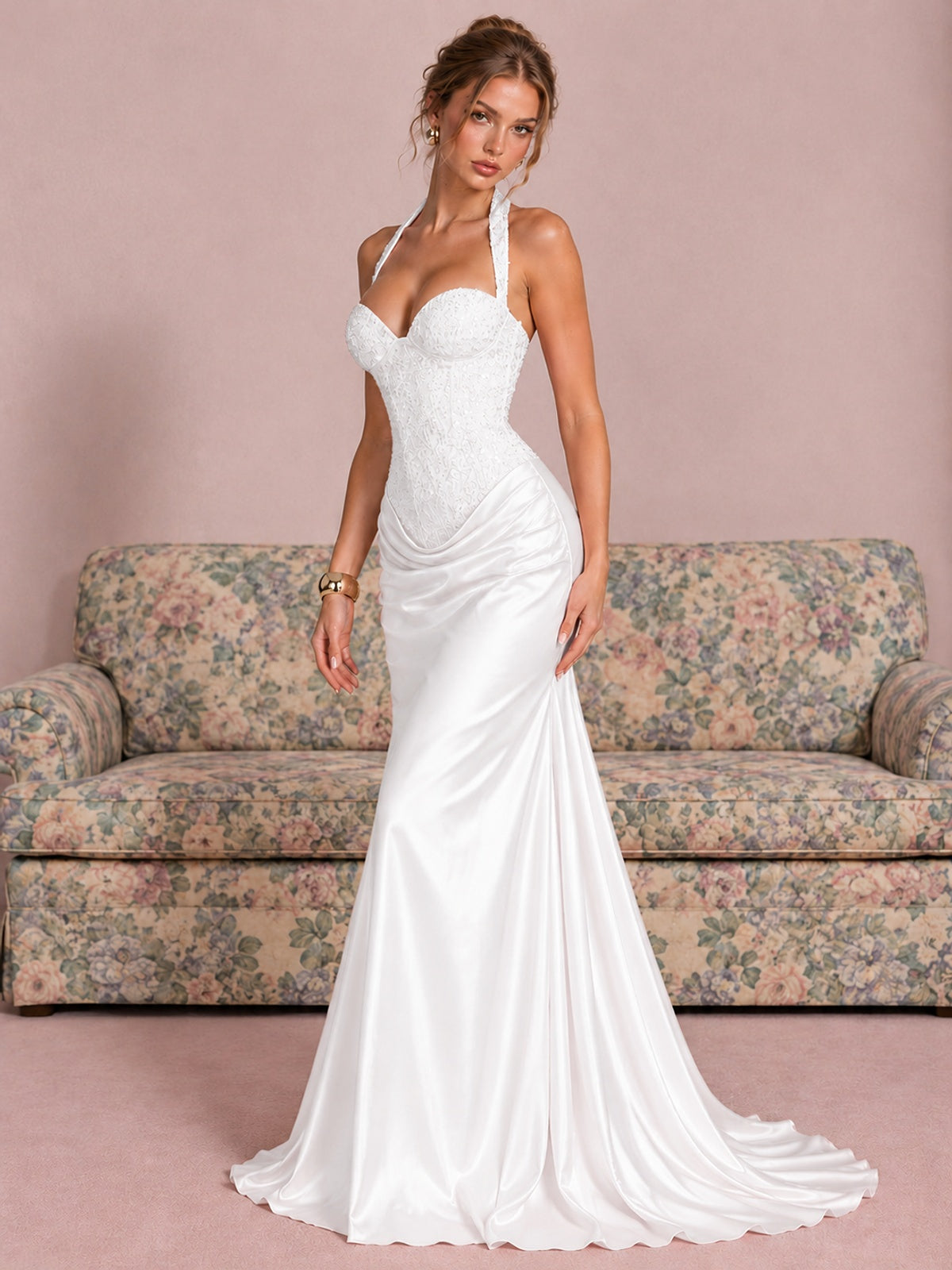 Sparkling Halter Corset Satin Mermaid Prom Dress