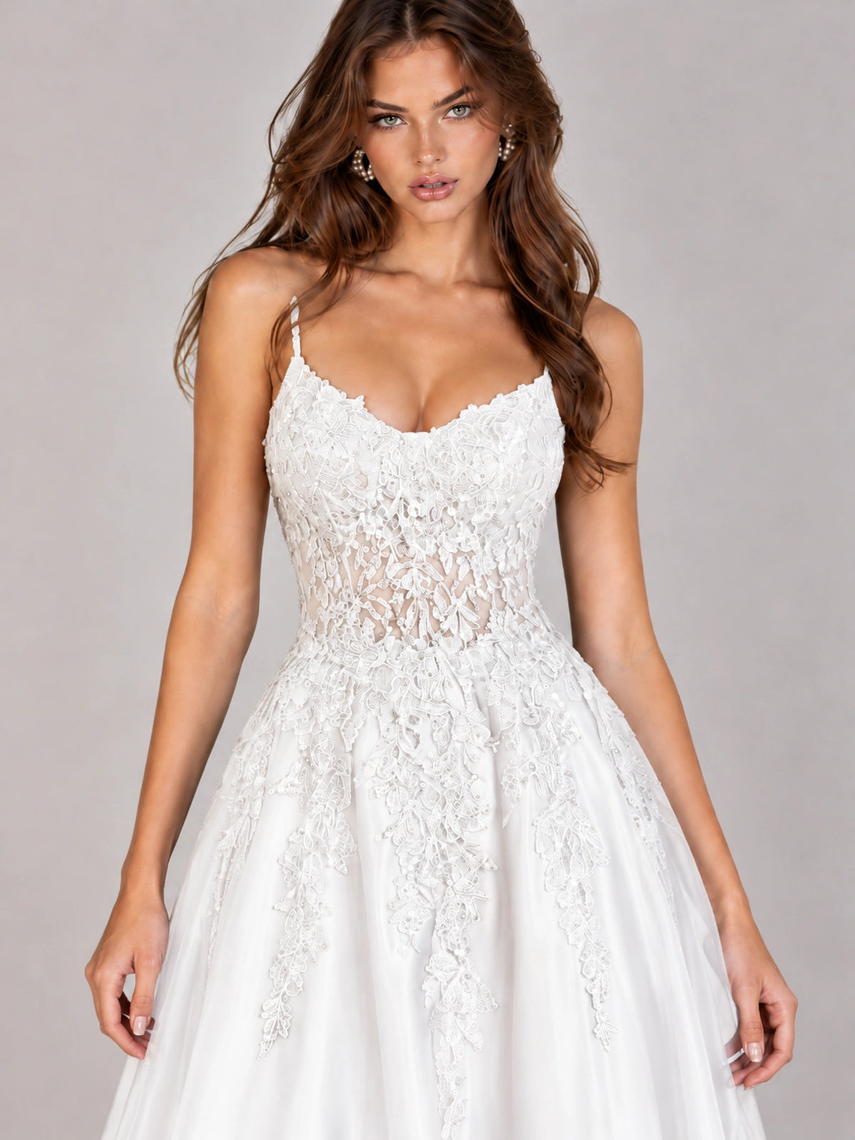 Lace Applique Satin A-Line Prom Dress with Sheer Bodice