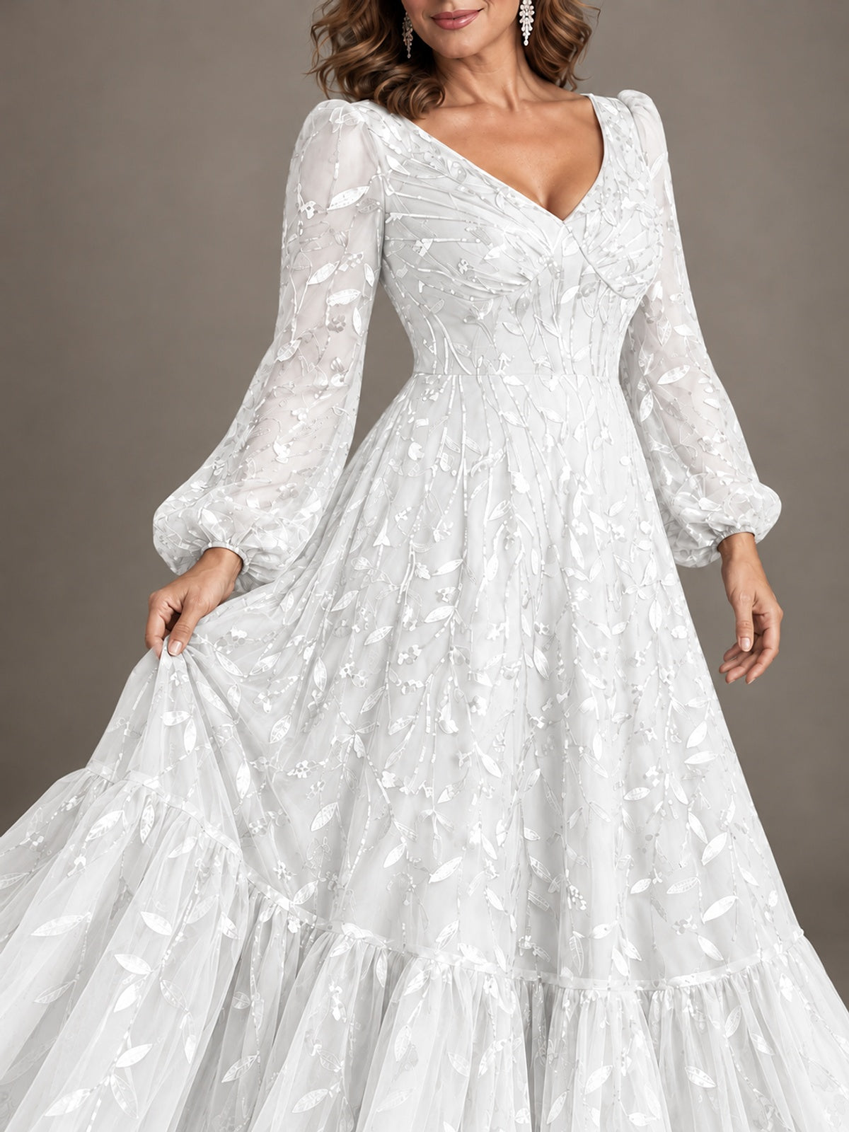 Floral Sequin Embroidered A-Line Mother of the Bride Dress with Long Sleeves