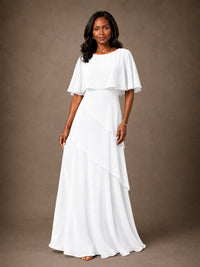 Taupe Chiffon A-Line Mother of the Bride Dress with Cape Sleeves