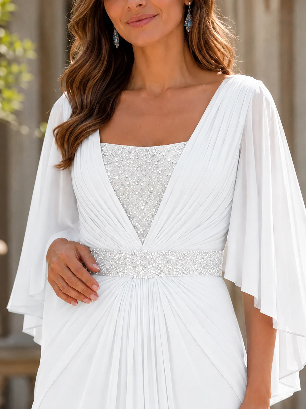 Elegant V-Neck Sequined Chiffon Mother of the Bride Dress with Flutter Sleeves