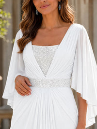 Elegant V-Neck Sequined Chiffon Mother of the Bride Dress with Flutter Sleeves