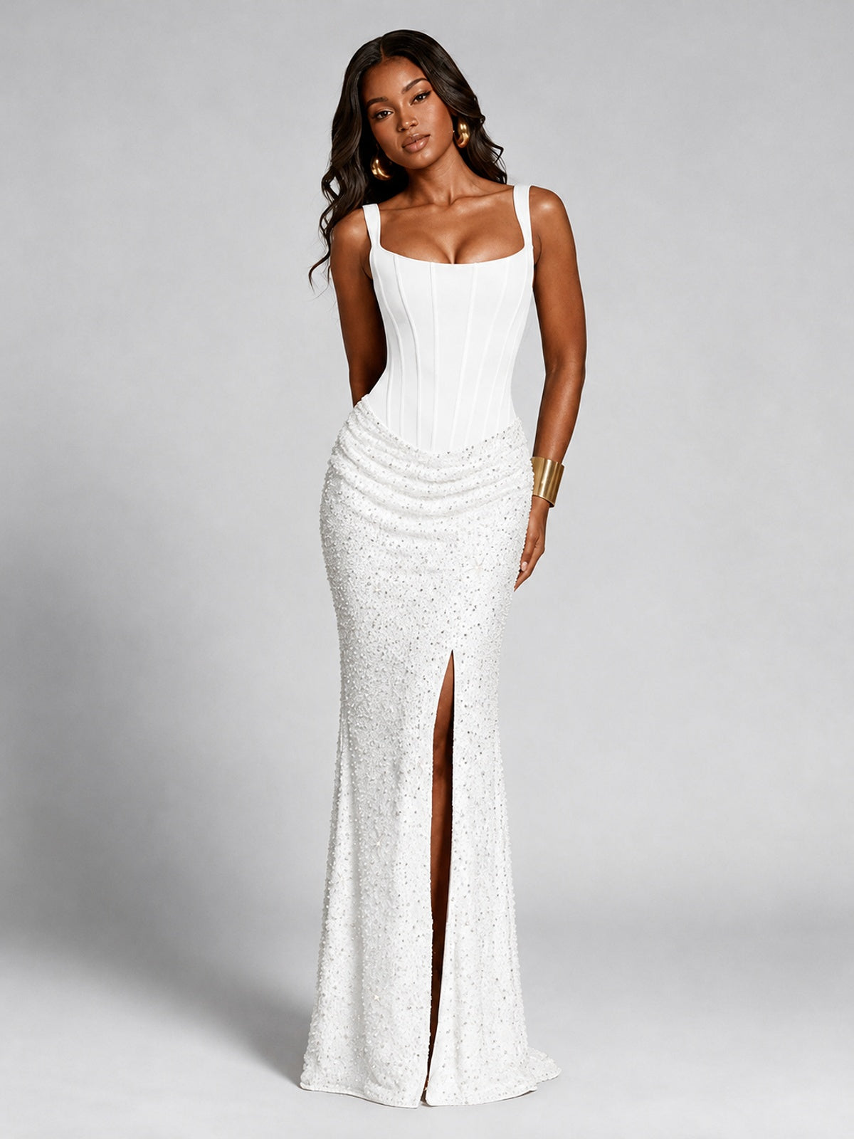 Sequin Corset Mermaid Prom Dress with Square Neck Wide Strap High Slit