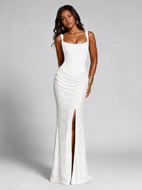 Sequin Corset Mermaid Prom Dress with Square Neck Wide Strap High Slit