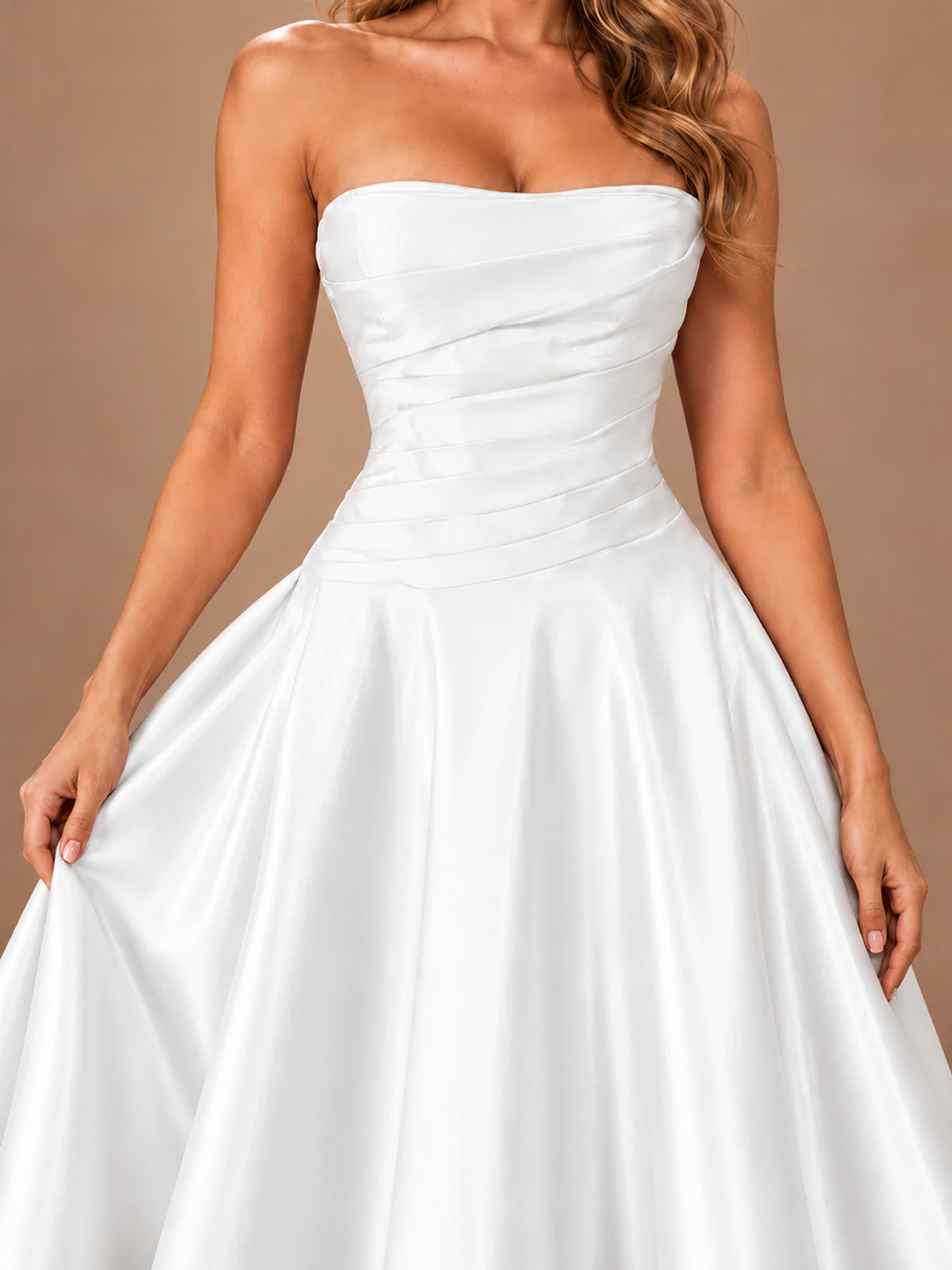 Blush Pink Strapless Satin A-Line Prom Dress with Ruched Bodice