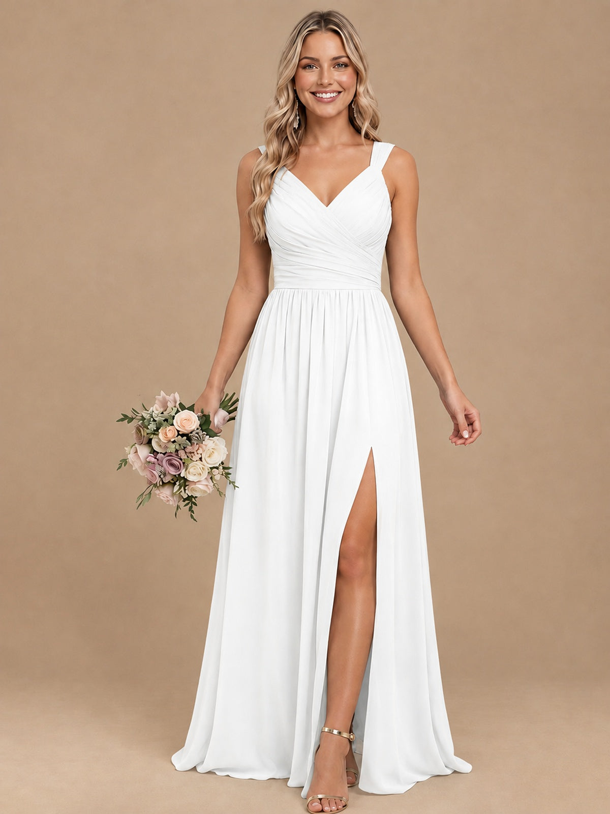 Pleated Chiffon V Neck Wedding Bridesmaid Dresses Floor Length with Slit