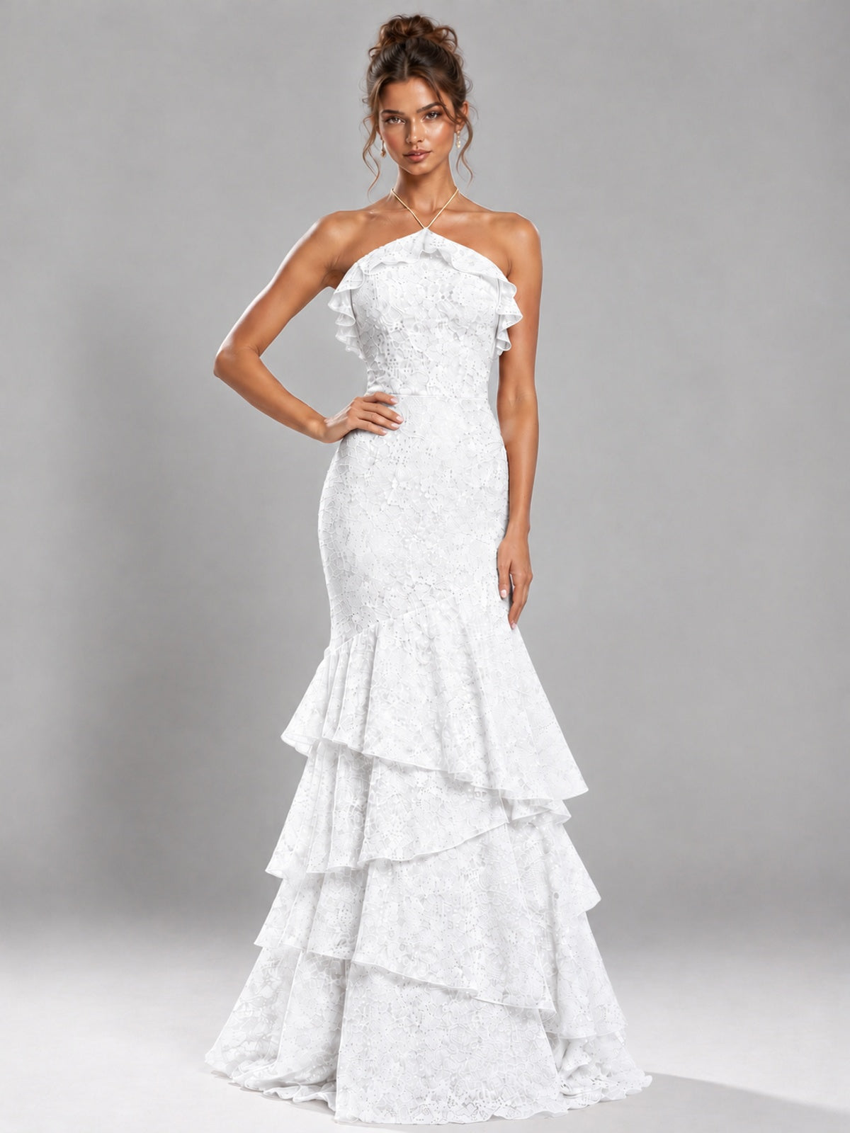 Halter Tiered Mermaid Prom Dress with Sparkly Lace