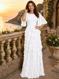 Elegant Chiffon Mother of the Bride Dress with Flutter Sleeves and Ruffle Skirt