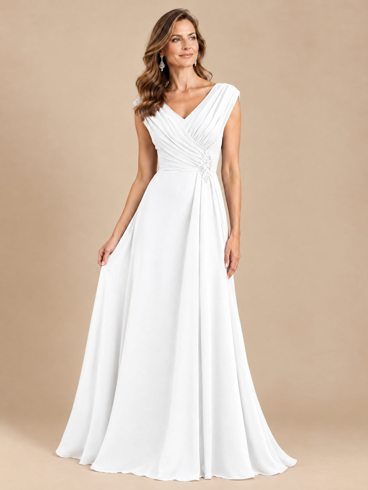 V Neck Pleated Mother of The Bride Dresses with Beading Cap Sleeves